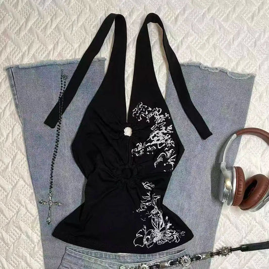 Summer Sweet Chic Design Lace Spliced Halter Tanks Slim Fit Flower Prints Hotsweet Backless Women Blouses