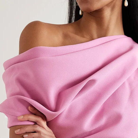 Women One Shoulder Column Midi Cocktail Gowns Tea Length Draped Sheath Formal Party Dress