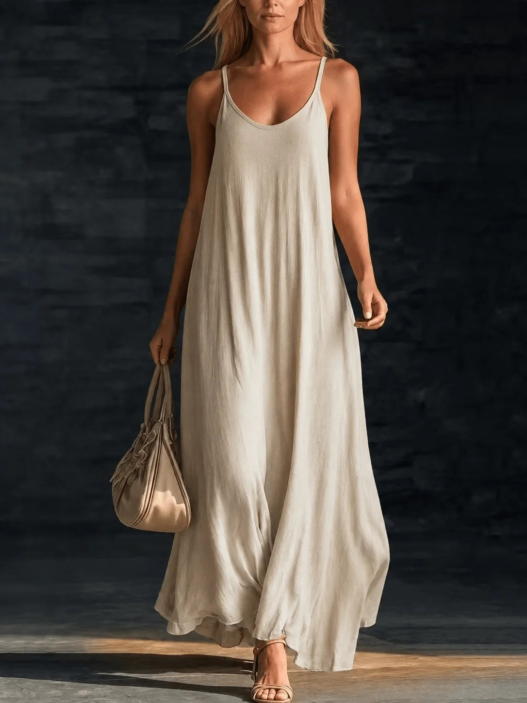 Women's Loose-Fitting A-Line Long Dress with Thin Straps