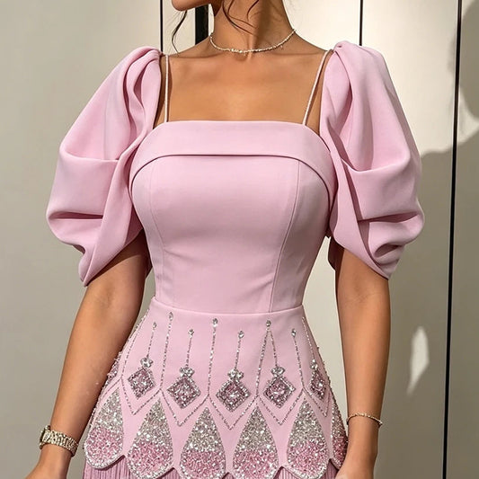 Women's A-line Evening Dresses Floor-length Square Collar Short Sleeve Prom Dresses Fashion Crystal