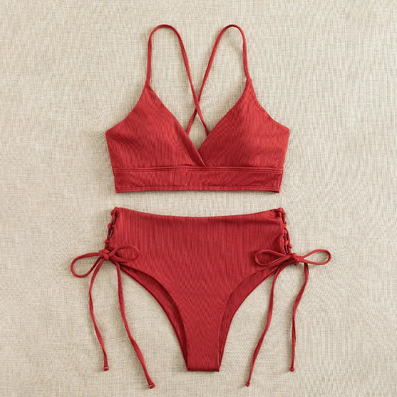 Bikini Set for Women, Sexy Swimsuit, Lace Up, Triangular Bikinis, Solid Color, Beach Swimwear, Bathing Suit