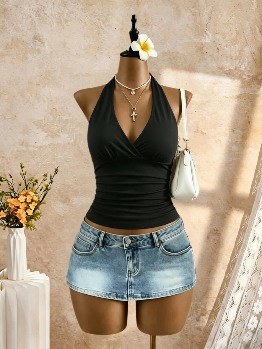 Women Halter Deep V Cross Wrap Side Ruched Slim Crop Camisole 2026 Summer Y2K Solid White Sleeveless Casual Daily Tank Top