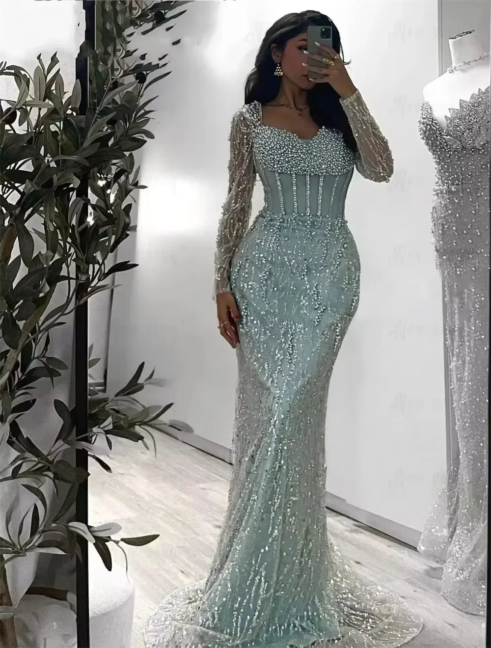 Luxury Mint Green Mermaid Evening Gown Long Sleeve Corset Heavy Beaded Pearls Dubai Prom Dress Formal Party