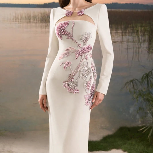 Floor-length Scoop-neck Full Sleeve Prom Gown Fashion Crystal Flowers