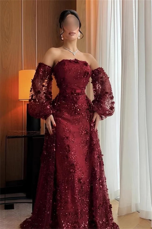 Burgundy 3D Floral Evening Dress Sequin Waistband Prom Dresses Elegant Vestidos De Noche MeshFormal Evening