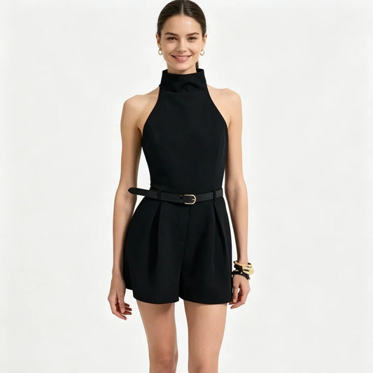Women high neck romper, sleeveless pleated short jumpsuit with matching waist belt, elegant party casual playsuit