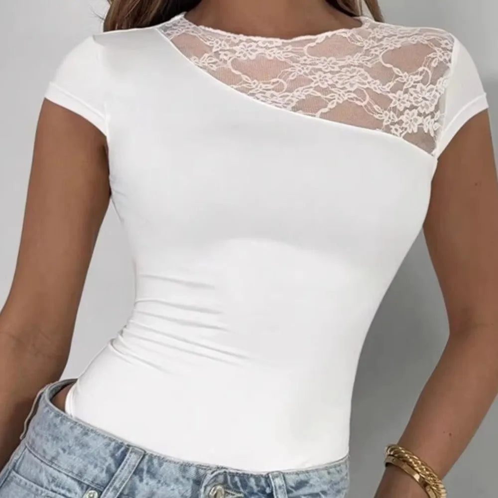 Women's Clothing Lace Edge Patchwork Short-sleeved Jumpsuit