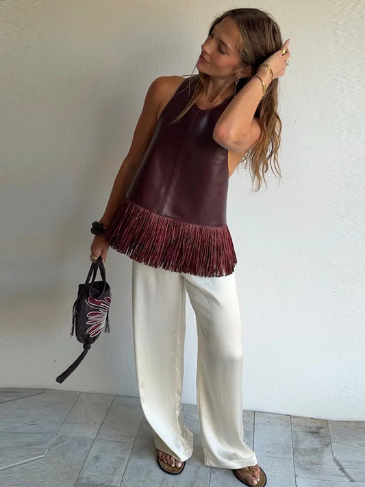 Vintage Faux Leather Tassel Vests Women's Slim Sleeveless Backless Halter Tops 2026 New Ladies Spring Summer Solid Outwear