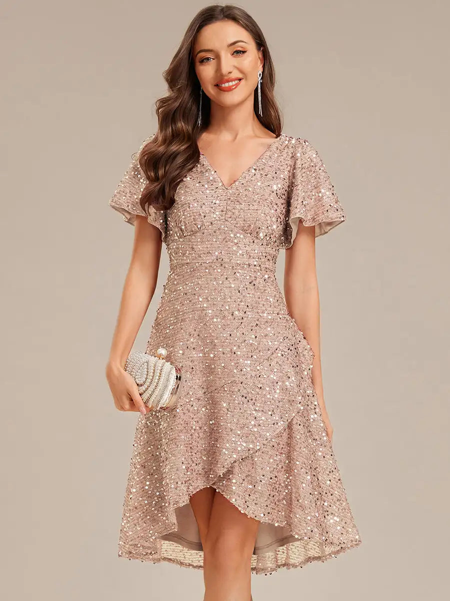 Evening Dress Short Sleeve Ruffle Sequin Deep V-Neck High-Low Ever Pretty of Burgundy Formal Dresses
