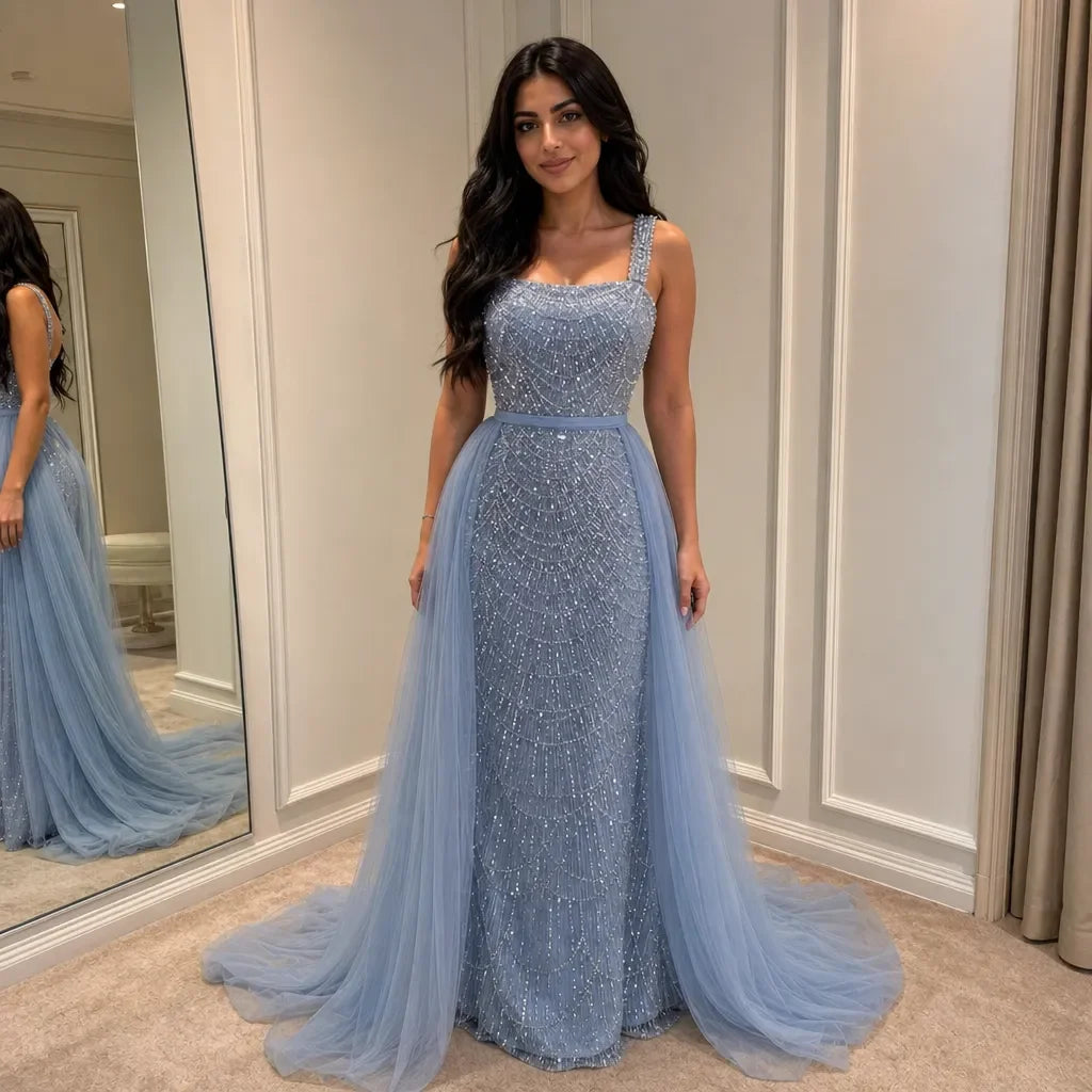 Lorrtta Tulle Square Collar Sky Blue A-Line Evening Dress 2026 Prom Dress Formal Evening Beading Elegant Ladies Customized New