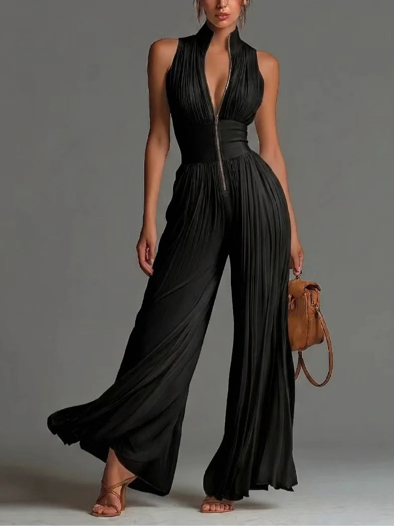 Women Elegant Chiffon Sleeveless Jumpsuit High Waist Pleated Flowy Wide Leg One Piece Overalls Holiday Casual Streetwear Rompers