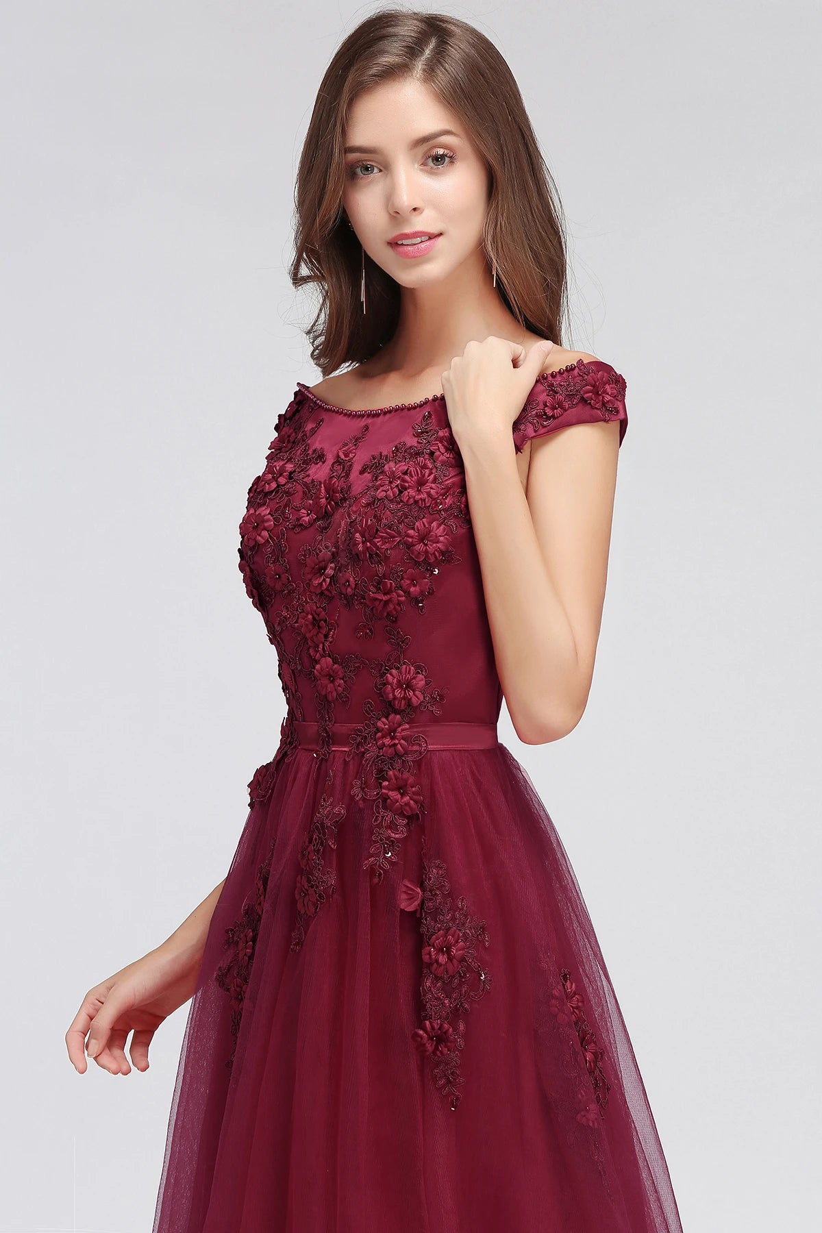 Evening Dress Off-shoulder Bodice Paddigns 3D Flowers Beading Top  Long Skirt Tulle Formal Party Ball