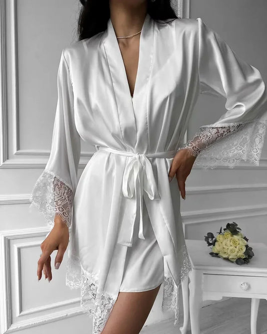 Women's Sexy Night Gown Robe V-Neck Satin Lace Bathrobe Half Sleeve Nightdress Female French Sexy Silky Satin Sleepwear