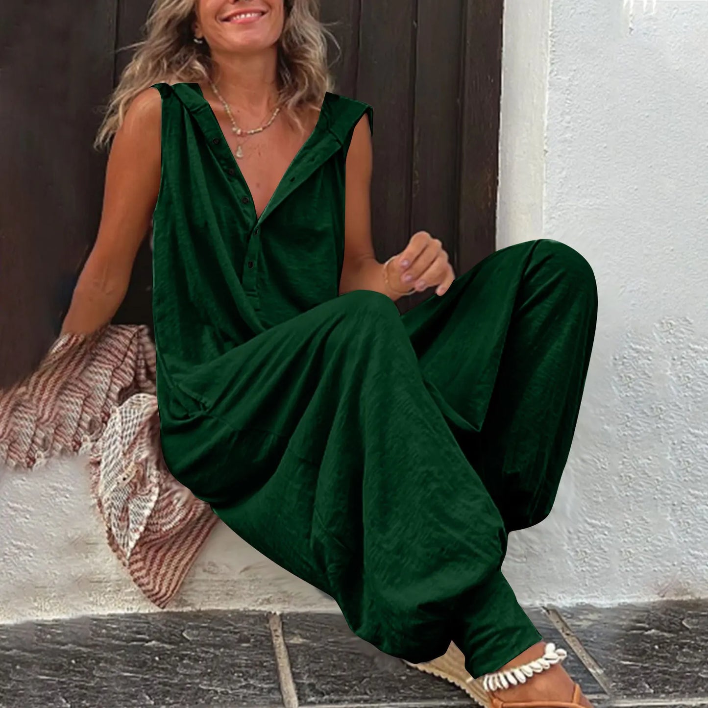 Hot Sale Women Solid Hooded Jumpsuit Button Sleeveless Loose Baggy Long Pants Romper