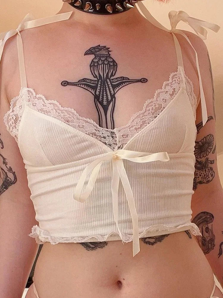 Top Aesthetic White Bow Cute Sweet Mini Vest Knitted Basic Casual Tee Women Summer Backless Beach
