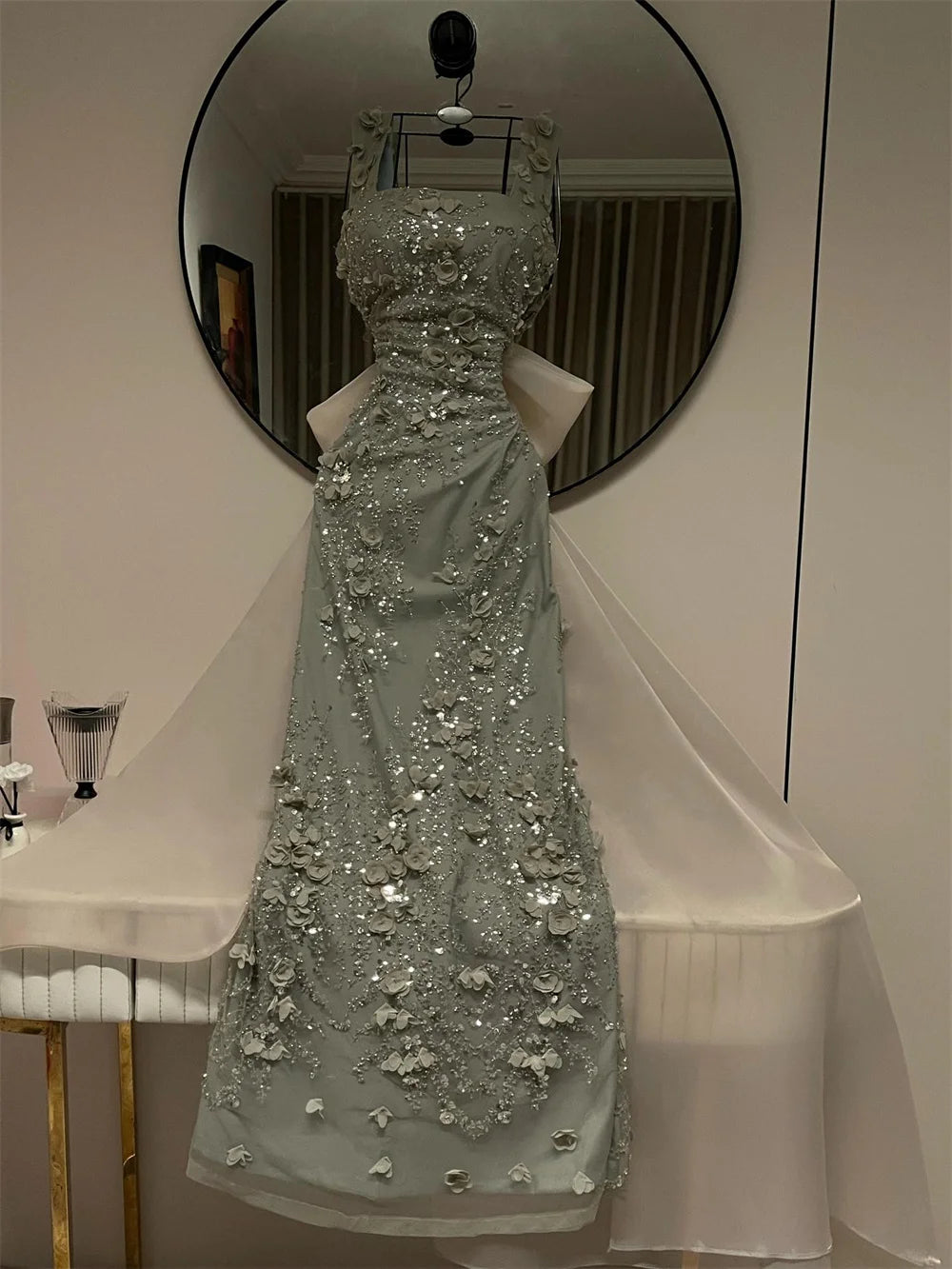Beaded Square Neck Sleeveless Prom Dress Long A Line Formal Evening Gown Floral Appliques Bow Back Design