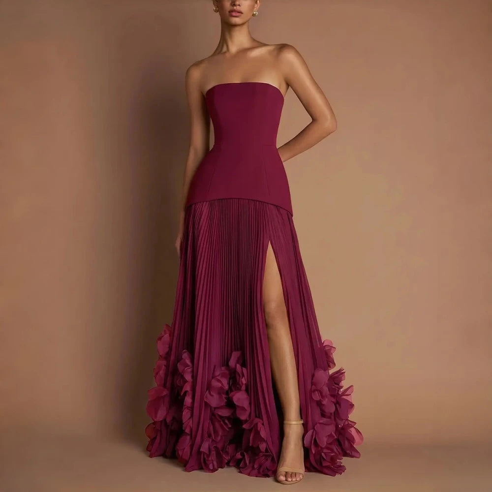 Burgundy Strapless Corset Bridesmaid Maxi Dress Stretch Crepe Bodice Pleated Chiffon Skirt High Side Slit 3D Floral A Line Dress