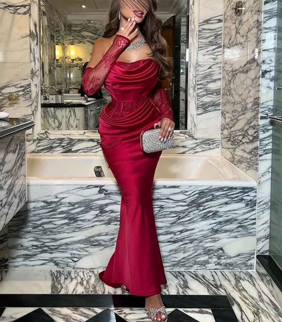 Shoulder Red Mermaid Formal Evening Gown Luxurious Romantic Off-Shoulder Cowl Neckline