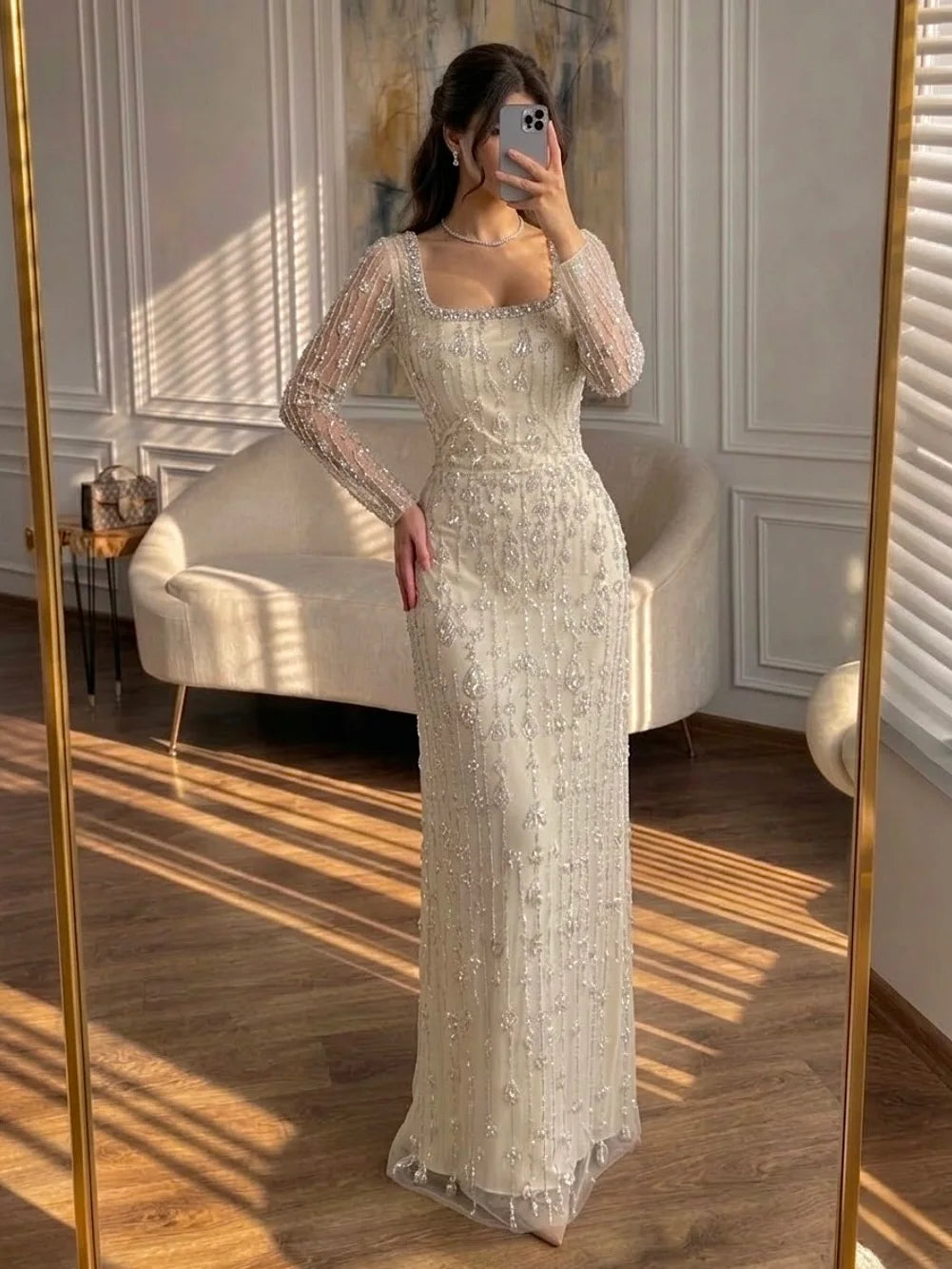 European Evening Dress Customized Ivory Tulle STRAIGHT Floor Length With Sequins Evening Dress Robes De