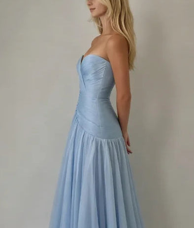 Blue Sweetheart Neck A Line Prom Gowns Backless Pleated Formal Party Gown Floor Length Evening Dress Customized