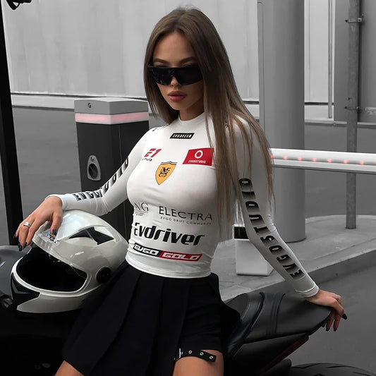 Women's Summer American Street Trendy Motorcycle Style Letter Printed Top Women's Round Neck Hoodie Slimming Fashion Tops