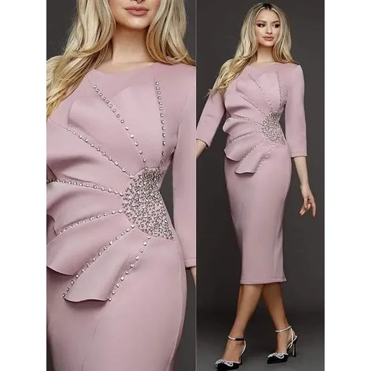 Women's Beads Evening Dresses O-Neck Tea-Length Straight Elegant Party Gala Special Events Wedding