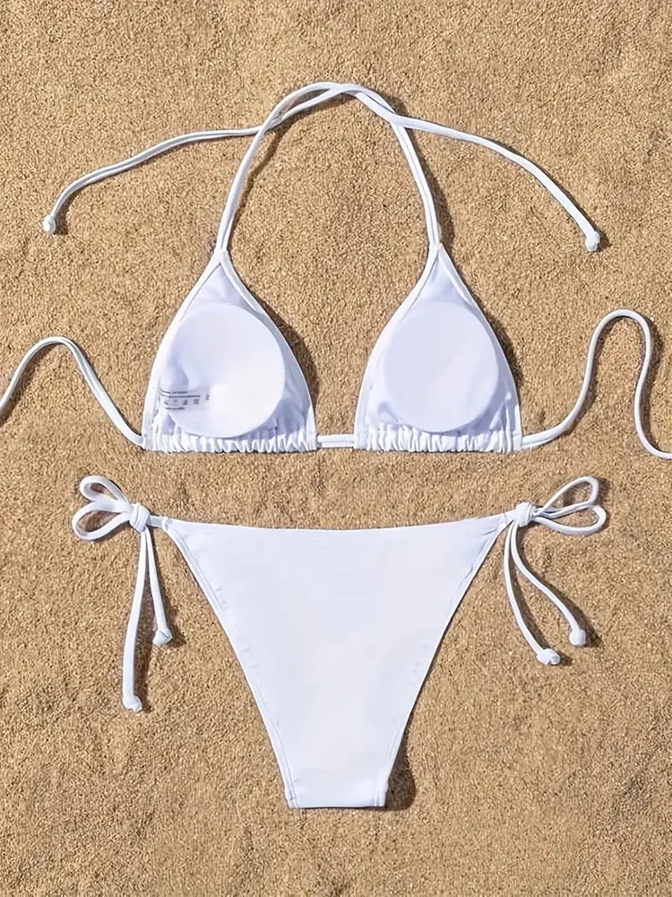 Women Swimsuit Bikini Set Halter Triangle Bra Side Tie Thong Swimwear Beachwear Lady Bathing Suit