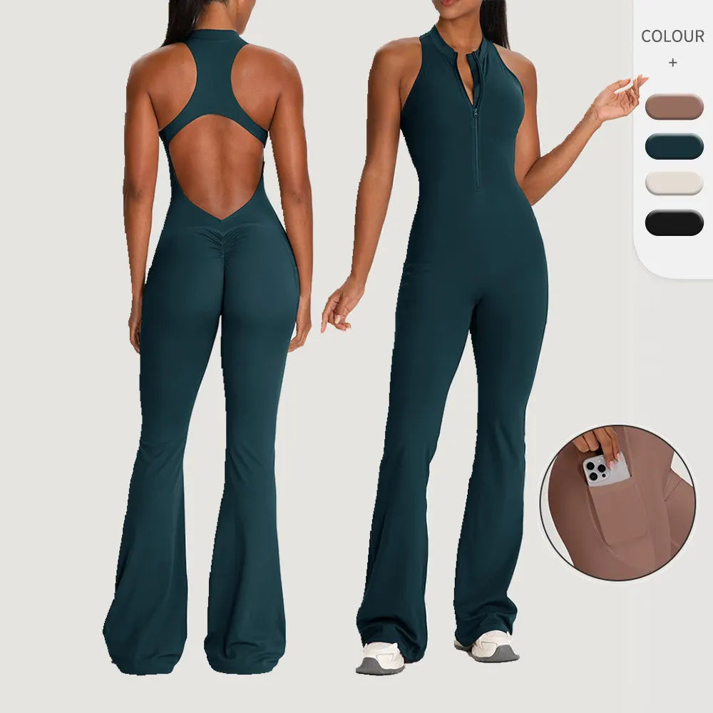 Sleeveless Back Design Yoga Bodysuit Pocket Design Hip Lifting Flared Jumpsuit Women Fitness Sportswear