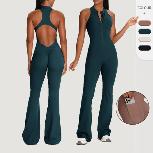 Sleeveless Back Design Yoga Bodysuit Pocket Design Hip Lifting Flared Jumpsuit Women Fitness Sportswear
