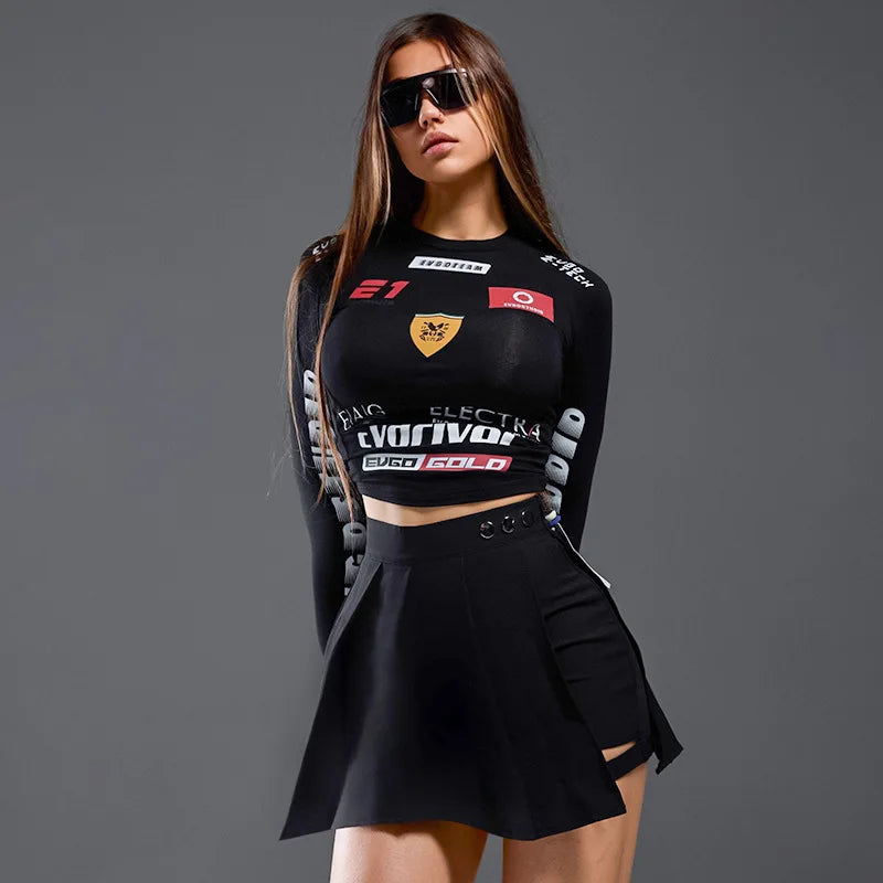 Women's Summer American Street Trendy Motorcycle Style Letter Printed Top Women's Round Neck Hoodie Slimming Fashion Tops