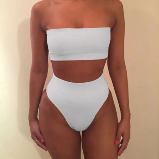 Women Strapless Tube Top Bikini Set High Cut High Swimwear Summer Beach Bathing Suit