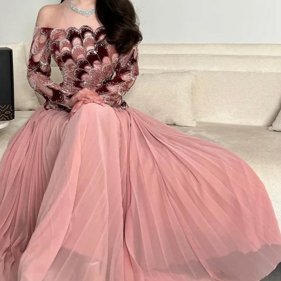 Blush Pink Off Shoulder Mesh Prom Dress Long Sleeve vestidos de noche Beaded Floral Embroidery Evening Dresses