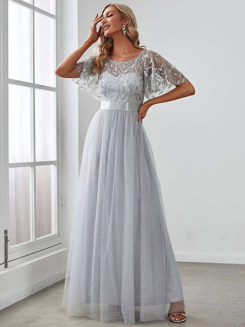 Print Maxi Long with Cap Sleeve Ever Pretty of Burgundy Gauze Prom Dresses Of Women