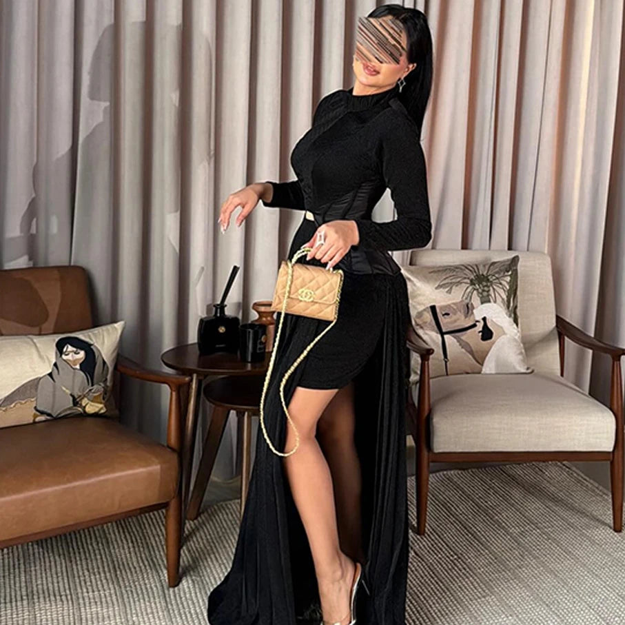 Black Evening Dress Elegant Long Sleeves Celebrity Gowns Delicate Beading Customized Party Dresses