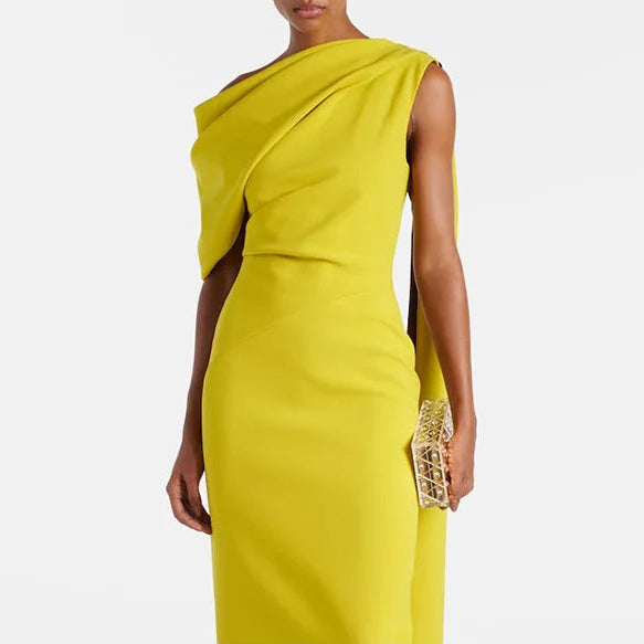 Women One Shoulder Column Midi Cocktail Gowns Tea Length Draped Sheath Formal Party Dress