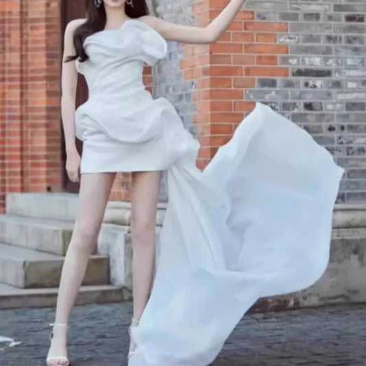 Korean Style Short Light Wedding Dress Strapless White Sexy Pure Desire Birthday Party Dress Bride Wedding