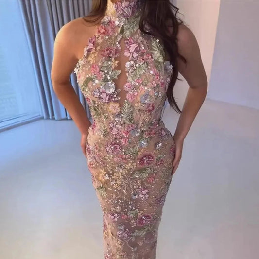 High Neck Champagne Mermaid Evening Dress 2026 Prom Dress Sleeveless Flowers 3D Floral Formal Evening Gown Customized