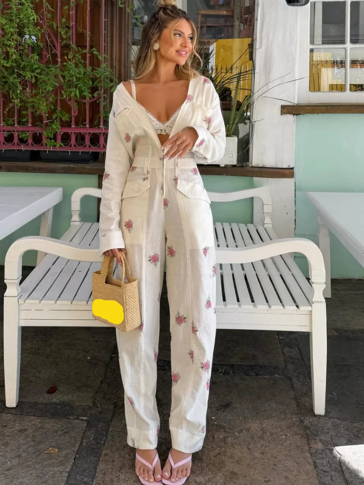 Women's Jumpsuit V-Neck Zipper Long-Sleeved Waist Cinching Pocket Rompers Chic Spring Summer Daily Ladies Wear