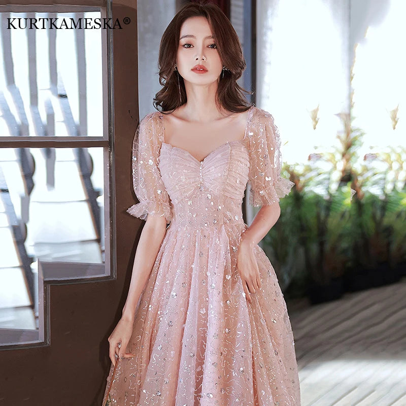 Pink Evening Prom Dresses for Women Sparkling Lantern Sleeve Summer Sexy Middle Party Birthday Ball Gown Dress Formal Vestidos