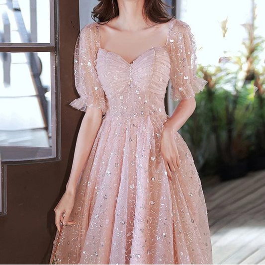 Pink Evening Prom Dresses for Women Sparkling Lantern Sleeve Summer Sexy Middle Party Birthday Ball Gown Dress Formal Vestidos