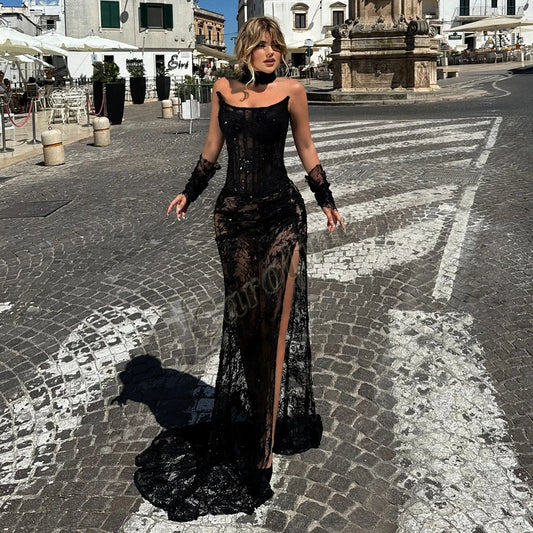 Mermaid Evening Dresses for Women Lace Appliques Front Slit Corset Saudi Arabric Vestidos De Fiesta