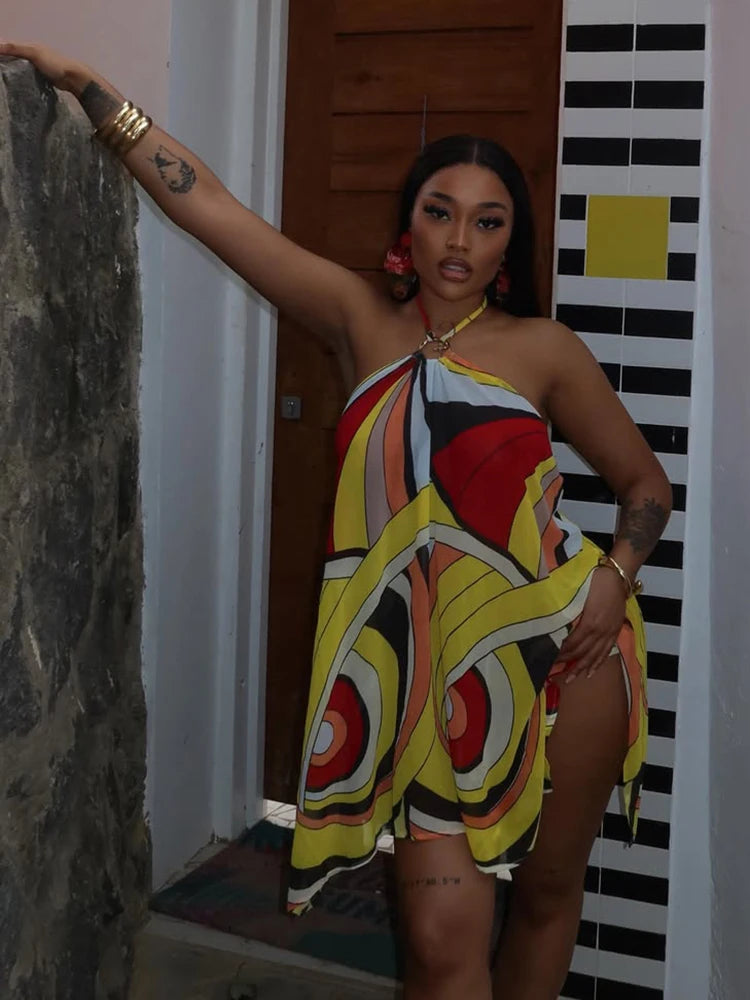Weird Puss Colorful Patchwork Mini Dress Woman Metal Ring Halter Off Shoulder Backless Summer Beach Party Ruched Elegant Bodycon