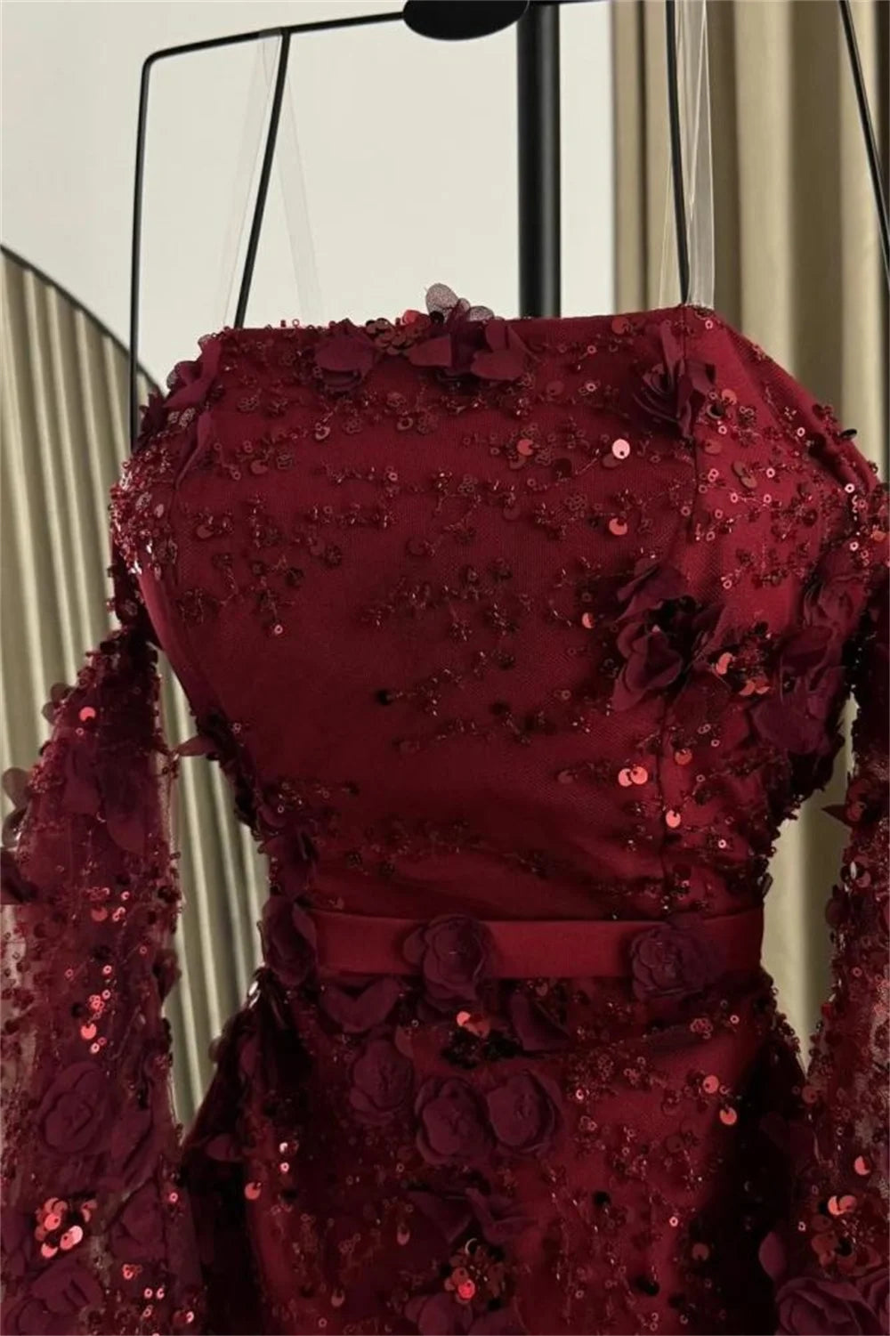Burgundy 3D Floral Evening Dress Sequin Waistband Prom Dresses Elegant Vestidos De Noche MeshFormal Evening