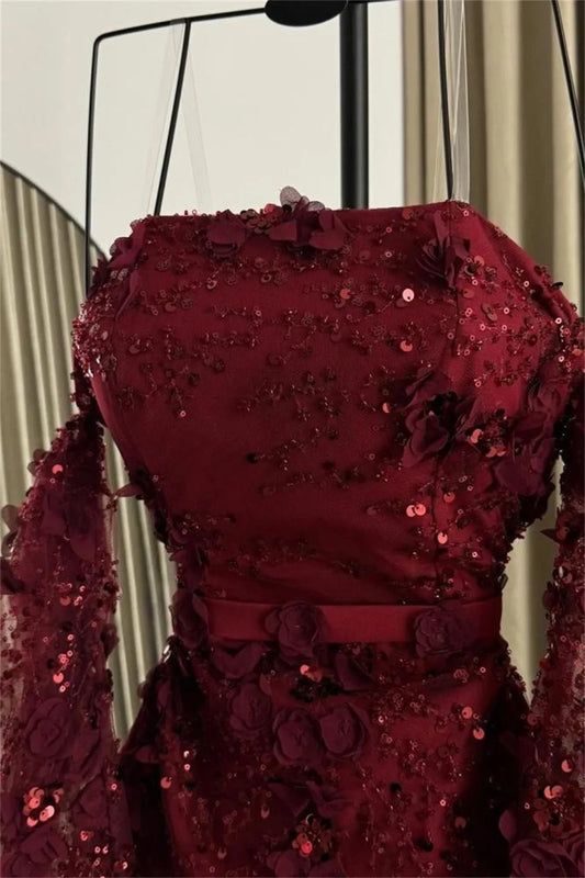 Burgundy 3D Floral Evening Dress Sequin Waistband Prom Dresses Elegant Vestidos De Noche MeshFormal Evening
