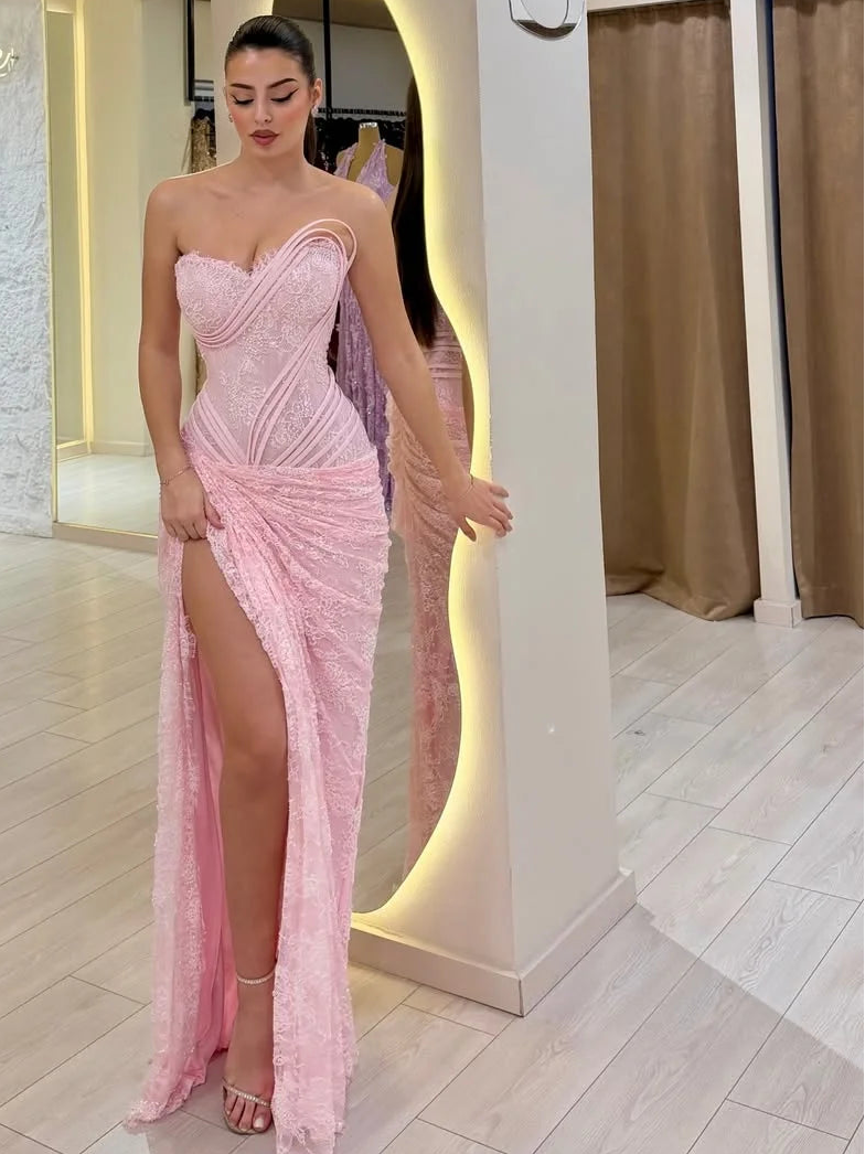 Pink Strapless Evening Gown Lace Corset Bodice Ruched Pleat Wrap Skirt High Slit Maxi Formal Prom Bridesmaid Dress