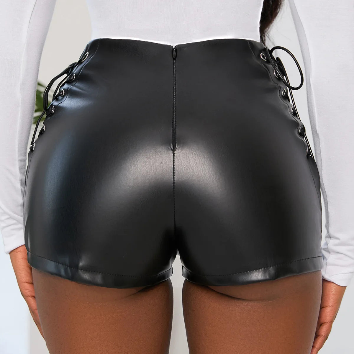 Sexy Black Summer Shorts Women Faux Leather Lace Up Goth Club High Waist Shorts Slim Short Pants Ecoparty