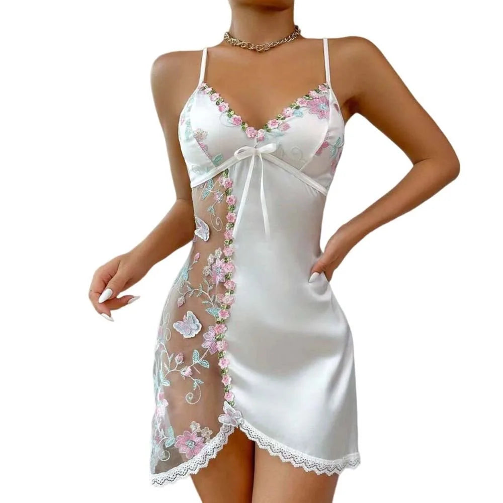 Pajama Dress Embroidered Mesh Transparent Ice Silk Suspender Nightdress Split Sleepwear