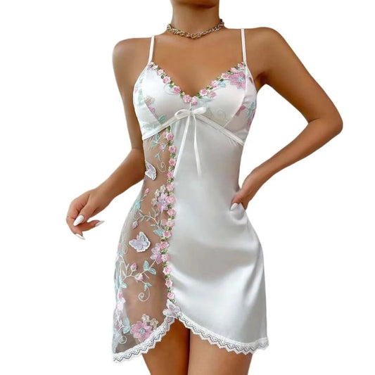 Pajama Dress Embroidered Mesh Transparent Ice Silk Suspender Nightdress Split Sleepwear