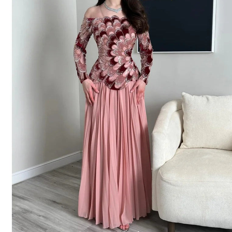 Blush Pink Off Shoulder Mesh Prom Dress Long Sleeve vestidos de noche Beaded Floral Embroidery Evening Dresses