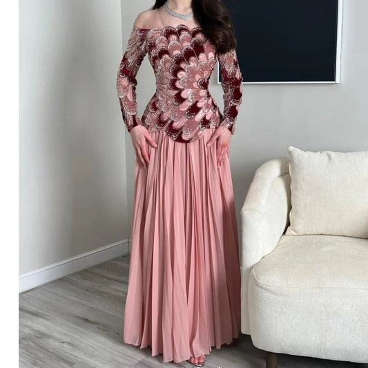Blush Pink Off Shoulder Mesh Prom Dress Long Sleeve vestidos de noche Beaded Floral Embroidery Evening Dresses